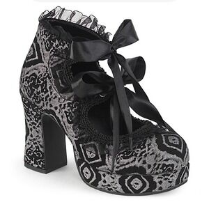 GOTHIKA-53 BLACK &‎ SILVER NUBUCK MARY JANE HEELS Goth Vampire Whimsygoth Punk 7